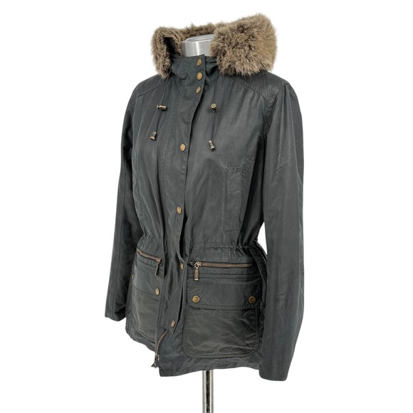 Barbour Womens Kelsall Faux Fur & Faux Shearling Trim Waxed Cotton Parka size 8 - Picture 2 of 16